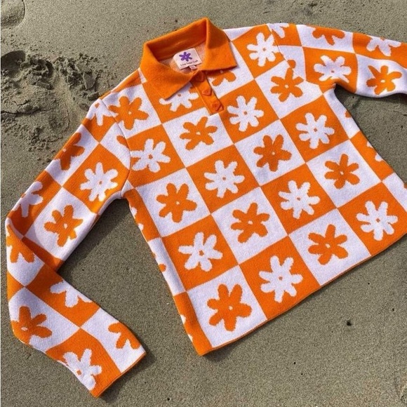 Lisa Says Gah Sweaters - Lisa Says Gah X KJP | Paisley Polo in Orange Daisy Check M/L